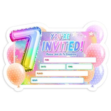 Imagem de Simimi art Convite de aniversário de 7 anos para meninas - pacote com 30, cartões de convite para festa de aniversário com envelopes, tema balão de menina decoração de festa de aniversário