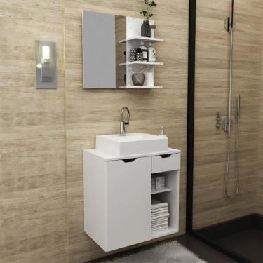 Imagem de Kit Lavabo com Gabinete Suspenso, Cuba e Espelho Branco Tecno Mobili