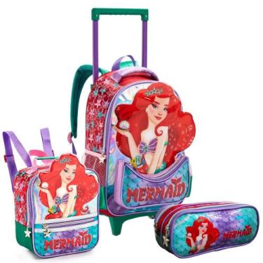 Imagem de Kit Escolar Mochila Rodinhas Lancheira Estojo Sereia Ruiva - Denlex, V