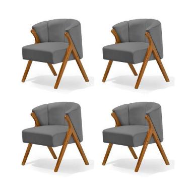 Imagem de Kit 4 Poltronas Luxo Moderna Luna Pés em Madeira Maciça Veludo Cinza -