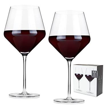 Imagem de Viski Conjunto de 2 copos Raye Angled Burgundy - Vidro transparente premium, haste moderna, conjunto de presente de vinho tinto de fundo plano - 595 g