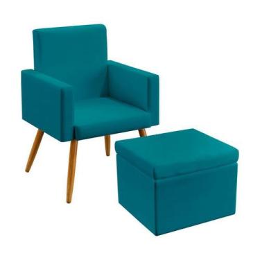 Imagem de Kit Poltrona Estofada Nina com Puff Quasar Sued Azul Turquesa Aradecor