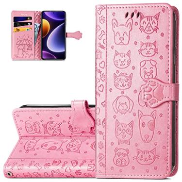 Imagem de Monwutong Capa carteira de telefone para Xiaomi Poco F5, capa de couro PU com desenho fofo de gato e cachorro com fecho magnético e compartimentos para cartões de dinheiro para Xiaomi Poco F5, CD rosa