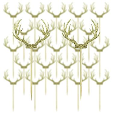 Imagem de Saktopdeco Topper de bolo com chifres de veado dourado, 20 unidades, papel com glitter, enfeite de cupcake de rena de Natal, para suprimentos temáticos de decoração de festa
