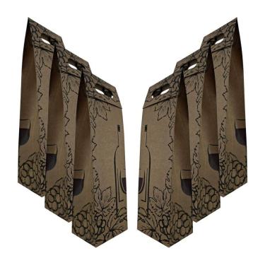 Imagem de Kit 6 Sacolas Garrafa Vinho Champagne Reforçada Kraft 220g/m Pardo