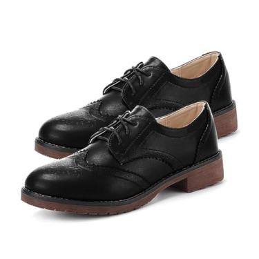 Imagem de Tênis feminino moderno Oxford salto bloco cadarço Derby casual Brogue tênis marrom, Preto, 38