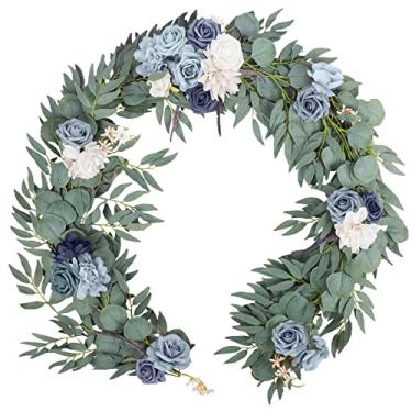 Imagem de Emivery Artificial Empoeirado Azul Rosa Guirlanda Vegetação Eucalipto Salgueiro Guirlanda com Flores Querida Mesa Centerpieces Festa Cerimônia de Casamento Pano de Fundo Arco Arranjo Floral 6 Pés