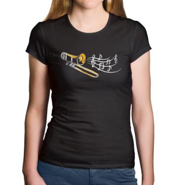 Imagem de Baby Look Algodão Trombone Notas Musicais - Foca na Moda, Preto, GG