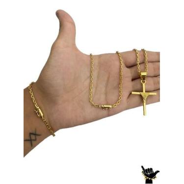 Imagem de Corrente Cadeado 2mm + Pingente Cruz + Pulseira - Banhado a Ouro - Toj