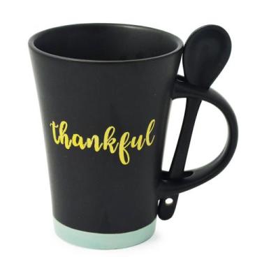 Imagem de Caneca Preto fosco Thankful com Colher base Azul 310ml - Bon Gourmet