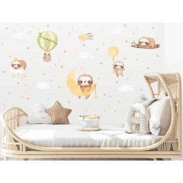 Imagem de adesivo de parede bicho preguiça aquarela balão lua nuvens - adesivos 