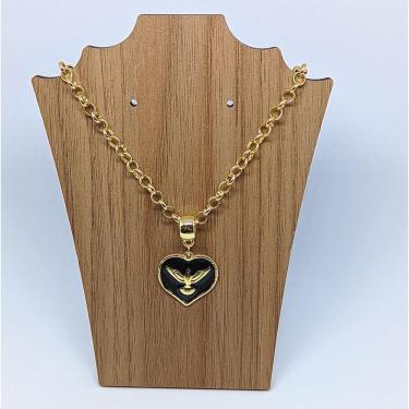 Imagem de Colar Religioso Feminino Corrente Elo Português Folheado a Ouro Pingente medalha Coraçao Divino espirito santo Cordão