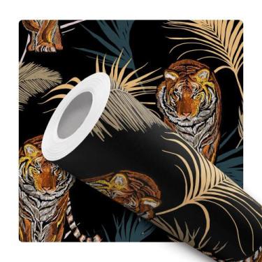 Imagem de Papel De Parede Adesivo Lavável Tigre De Bengala Fundo Preto Folhas Co