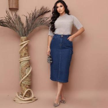 Imagem de Saia Jeans Cargo Azul Escuro Com Fenda e Bolsos Moda Cristã Evangélica