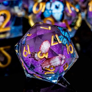 Imagem de ORIFANTOU Butterfly DND Dice Purple Liquid Core Dice Set with Metal Box, Handmade Sharp Edge Dice D and D Polyhedral Dice for Dungeons and Dragons Role Playing Game, RPG D&D Dice Set