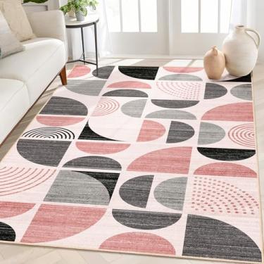 Imagem de MUJOO Tapete Rosa Boho Lavável, Tapete de Área 120 x 165 cm, Padrão Abstrato Meia Lua e Sol, Antiderrapante, Macio, Moderno, Abstrato, Rosa e Cinza