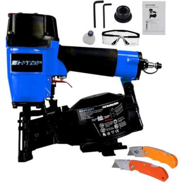 Imagem de BHTOP CN45N Pregador de telhado com faca de telhado, pistola de pregos de telhado de 15 graus, pregos de bobina de 3/10.2 cm a 3/10.2 cm, pregos de bobina de capacidade de carga de 120 peças em azul