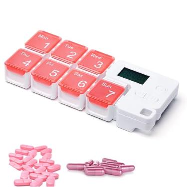 Imagem de Organizador de 7 Days Pill Dispenser com Alarm de Lembrança,Daily Medicine Dispenser,Portable Weekly Pill Box,Viajar vitaminas óleos de peixe pequenos suplementos Caso de Medicina (Pink)