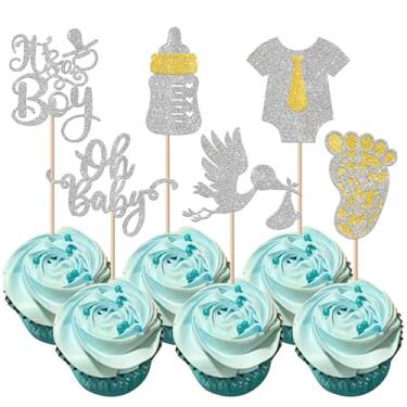 Imagem de Rsstarxi 24 Pack It's a Boy Cupcake Toppers Baby Boy Shower Party Cake Decorations Oh Baby Cupcake Picks for Gender Reveal Baby Shower Boy Birthday Party Decorations Supplies Silver