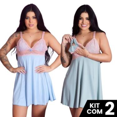 Imagem de Kit 2 Camisolas de Amamentação Renda Fecho Prático Pós Parto Gestante 