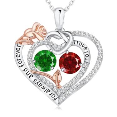 Imagem de CREENCIA Colar de pedra do mês de nascimento de coração rosa presentes para mulheres, colares de prata esterlina 925 para mulheres, joias de pedra dupla aniversário aniversário aniversário presentes de Natal para sua esposa, mãe, namorada, Banhado a ouro 18K, Esmeralda