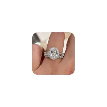 Imagem de 2 peças de anéis de noivado de prata folheados 925 ovais de zircônia cúbica halo CZ anéis de noivado alianças de casamento para mulheres anéis de compromisso para seu tamanho 7#