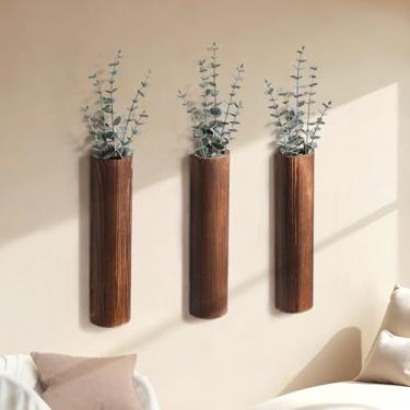 Imagem de Fttoyoly Pacote com 3 vasos de parede de madeira com eucalipto artificial, decoração de parede moderna para sala de estar, quarto, banheiro, entrada, vasos de parede boho para flores secas e plantas