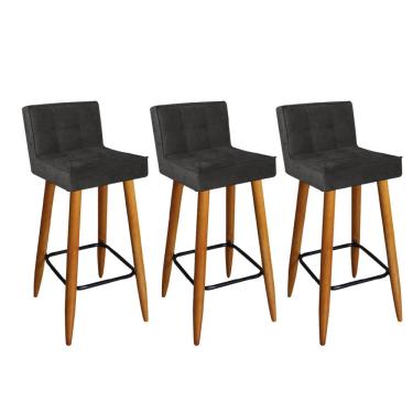Imagem de Kit 03 Banqueta Alta Lucy Com Encosto Cozinha Bar Balcão Bistrô Pé Palito Castanho Corino Cinza - Ahazzo Móveis