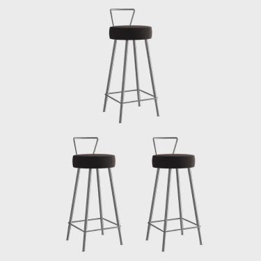 Imagem de Kit 03 Banqueta Alta Com Encosto Tais Eiffel Cozinha Bar Bistrô Ferro Prata Corino Marrom - Ahz Móveis