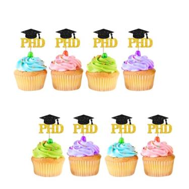 Imagem de 24 peças de topos de cupcake Congrats PHD, Toppers de cupcake de formatura PHD, palitos de cupcake de graduação com glitter dourado para graduação, suprimentos de festa da classe de 2025