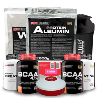 Imagem de Kit Whey Protein 500g + Albumin Protein 500g + 2x BCAA 100g Tang + 2x Creatina 100g + Coqueteleira + Porta Cáps - Bodybuilders (Grande, Morango)