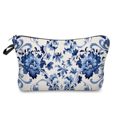 Imagem de YULUENZE Bolsa de maquiagem floral com zíper floral porcelana cacto bambu cogumelo tulipa peônia lavanda lótus presente para mulheres amigas, Porcelana azul e branca 02, Bolsa de maquiagem estampada