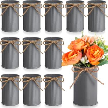 Imagem de Domensi Vaso de fazenda pequeno de 11 cm para decoração de vaso de flores vintage com laço de barbante baldes rústicos de metal galvanizado para flores artificiais para casamentos de mesa central