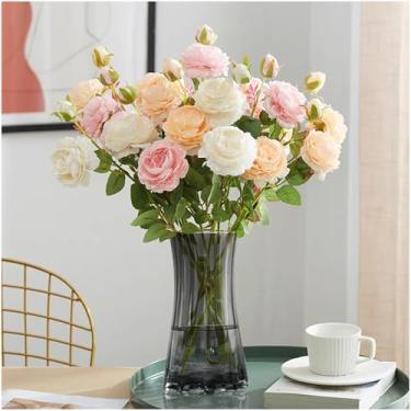 Imagem de Vaso de cristal moderno de 23 cm, vaso de flores de vidro resistente transparente, design curvado vertical com nervuras para buquês, centro de mesa de boca larga para decoração de casa (cinza, médio)