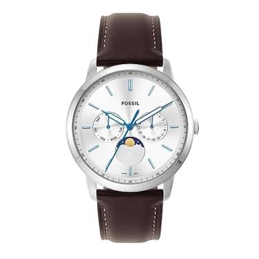 Imagem de Fossil Neutra Relógio cronógrafo masculino com pulseira de aço inoxidável ou pulseira de couro genuíno, Prata, marrom, fase da lua, One Size, Neutra masculino