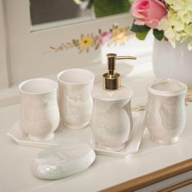 Imagem de Conjunto De Acessórios Para Banheiro, Estilo Europeu De Cerâmica Conjunto De 5 Peças: Dispensador De Sabão, Porta-escova De Dentes, Saboneteira, Copo De Enxágue, Bandeja, A