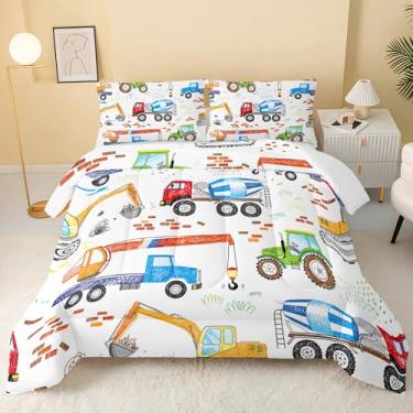Imagem de QOOMO Conjunto de cama queen para carro de construção, caminhão, maquinário, infantil, adequado para veículos de engenharia, meninas e meninos, preto, decoram um quarto, conjunto de 3 peças