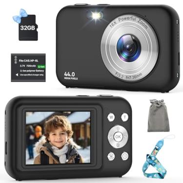 Imagem de Câmera digital, câmera infantil com cartão de 32 GB, câmera vlogging FHD 1080p 44MP, câmera digital com ponto de zoom e disparo de 16x, câmeras compactas portáteis recarregáveis para adolescentes,