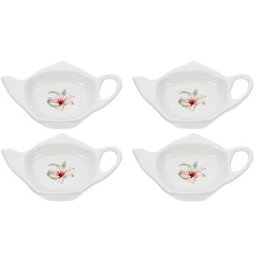 Imagem de DOITOOL Porta-copos de saquinho de chá de cerâmica branca, suporte para saquinhos de chá, pacote com 4 descansos de colher em forma de bule de chá, suporte clássico para saquinhos de chá, pires