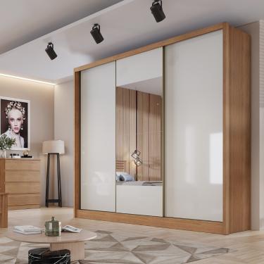 Imagem de Guarda Roupa Casal em MDF com Espelho 3 Portas de Correr Medelim Novo Horizonte - Cumaru 25/Fendi Fosco