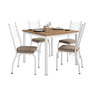 Imagem de Conjunto de Mesa Quadrada com Tampo MDP e 4 Cadeiras Adriana Revestimento Sintético Bege Rattan e Branco