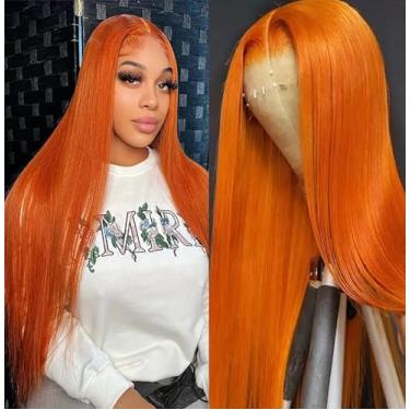 Imagem de XUANCAILE Perucas De Renda Frontal Ruiva, Cabelo Humano, 24 Polegadas, Densidade 180%, 13X4, Completa, Hd, Transparente, Reta, Cor Laranja, Para Mulheres Negras
