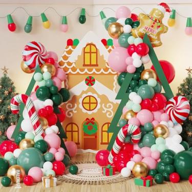 Imagem de BALONAR Kit De Arco Guirlanda Balões Natal Gengibre Com 150 Peças Látex Verde Rosa Vermelho, Folha Doces Cana Para Decoração Festa Aniversário Natal, Ano Novo (Verde Vermelho)