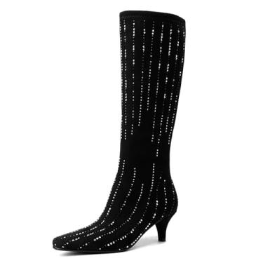 Imagem de GOSERCE Botas Pretas De Cano Alto Femininas Com Strass, Salto Baixo, Zíper Brilhante, Bico Fino, Camurça, Longo, Alto, Para Meninas, Festa, Baile, 8