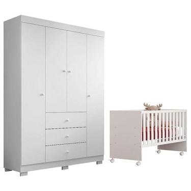 Imagem de Berço com Guarda-Roupa Doce Sonho 3540 Duda 4 Portas 3 Gavetas MDP MDF 132 cm Branco Phoenix Baby