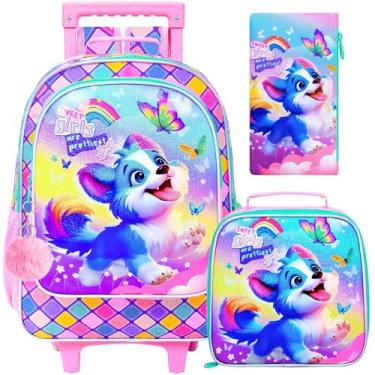Imagem de UFNDC 4 unidades de mochila com rodinhas para meninas, linda mochila infantil com rodas, mochila escolar com rodas para viagens primárias, Mochila de rodinhas azul com estampa UV para cães, One Size,