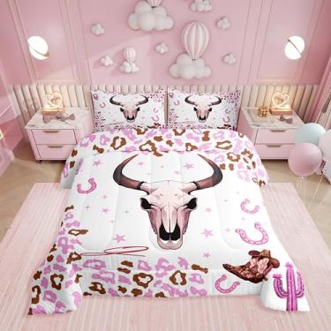 Imagem de Erosebridal Conjunto de cama casal rosa ocidental, caveira de touro, ferradura, edredom para meninas, crianças, adolescentes, rosa, estampa de vaca leiteira, chapéu de vaqueira, decoração de quarto, 2