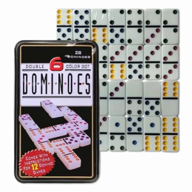 Imagem de Dominó Mexicano, 28 Peças com 6 Cores, 12 Jogos Diferentes com Instruções, em Lata