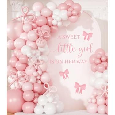 Imagem de JarThenaAMCS Adesivo decalque de festa revelação de gênero A Sweet Little Girl is On Her Way Adesivos de parede tema arco rosa decoração de parede para chá de bebê balão arco pano de fundo