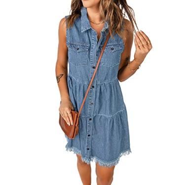 Imagem de luvamia Vestido jeans curto feminino casual verão lapela sem mangas abotoado, A Lagoon Blue, XGG